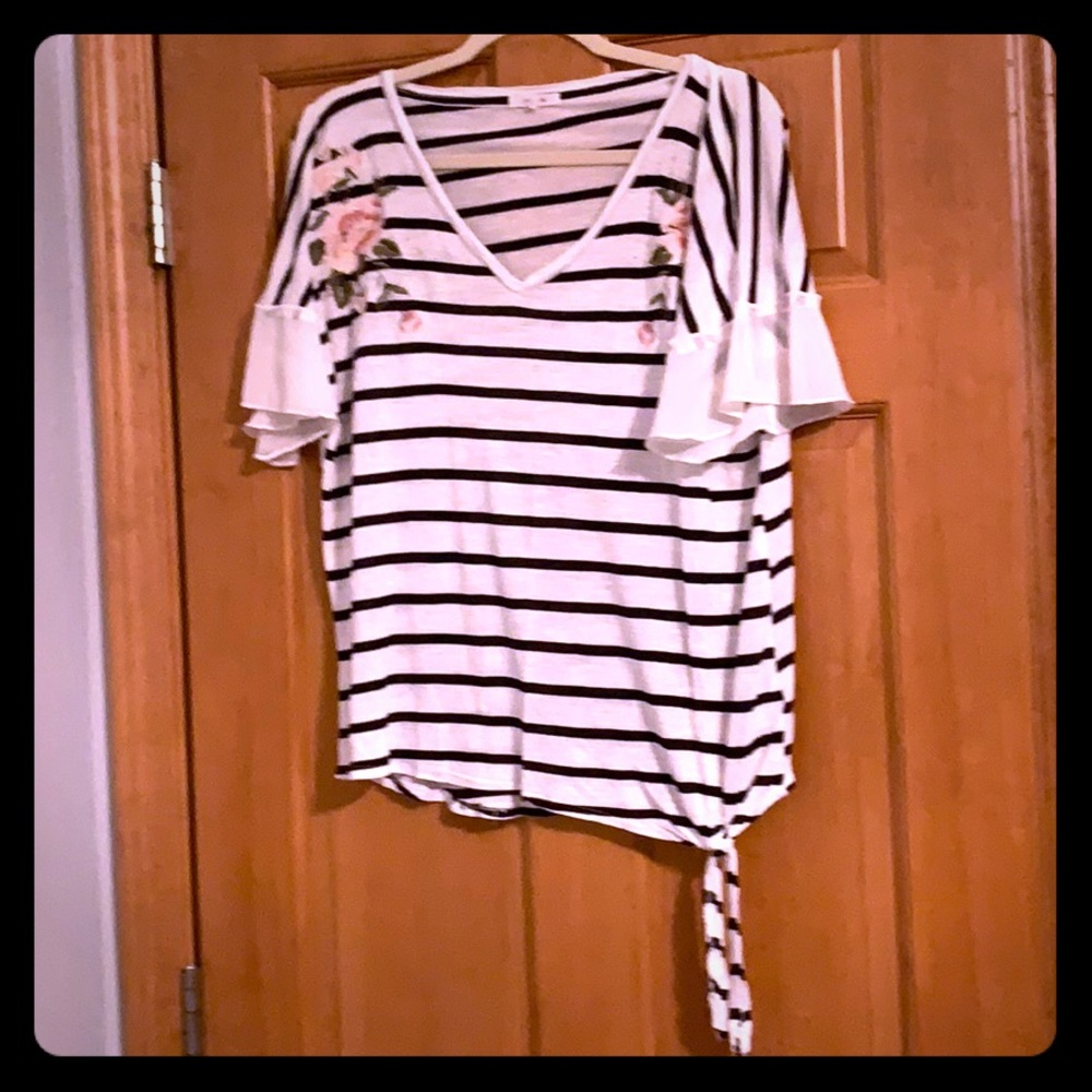 Black and White Striped Shirt w/ Side Tie
